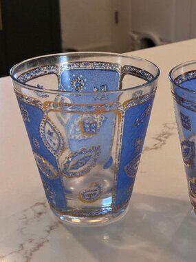 Set of 2 Georges Briard Blue & Gold Gilt Low Ball Rocks Glasses MCM